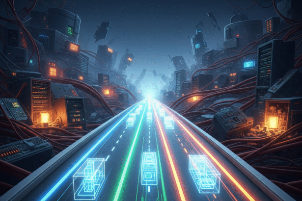 A digital illustration showing Platform Engineering as a streamlined, futuristic highway with lanes for CI/CD, IaC, and Deploy, contrasting with a chaotic background of old, tangled infrastructure.