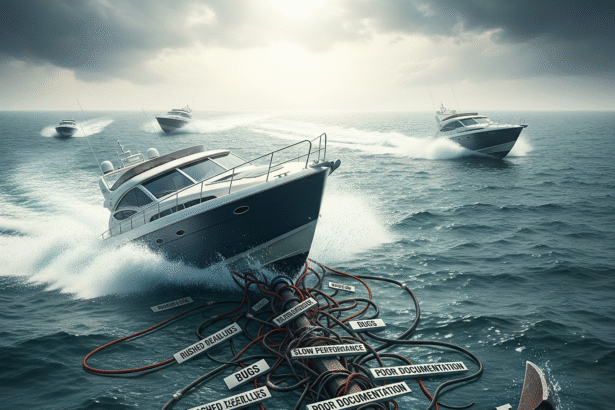 An illustration of a modern speedboat, representing a digital project, being sunk by a heavy anchor labeled 'Technical Debt', visualizing the hidden costs of shortcuts in software development.