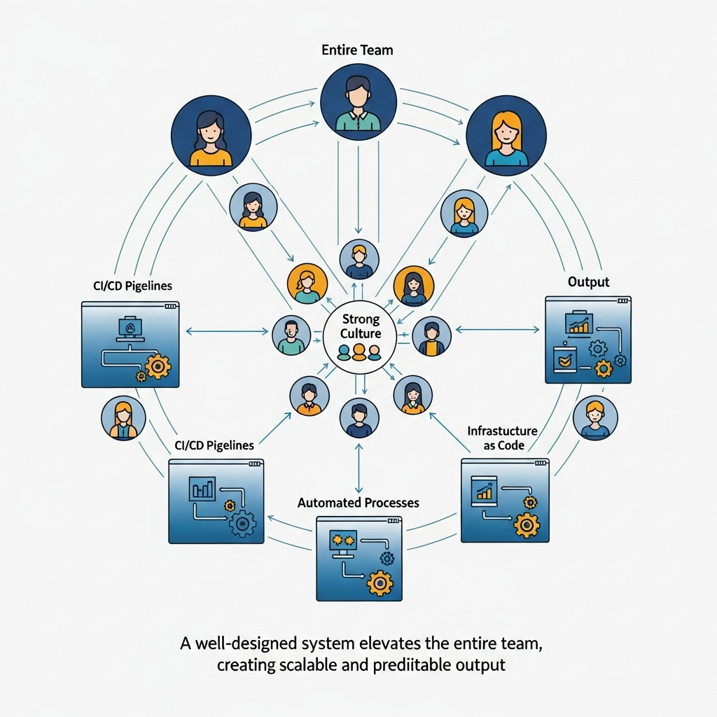 A diagram of a high-performance engineering system with strong culture and automated processes. Caption: A well-designed system elevates the entire team, creating scalable and predictable output.