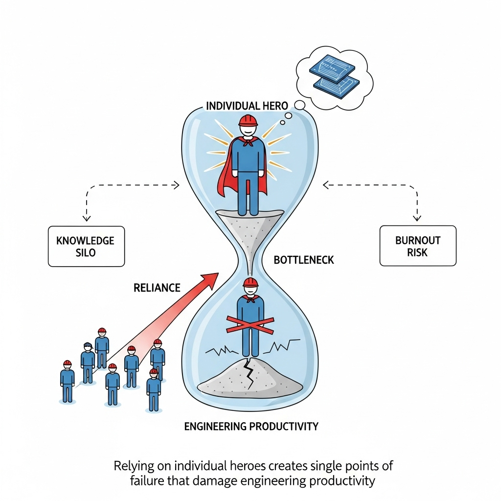 A diagram showing how the 10x engineer myth creates a bottleneck for high-performance engineering teams. Caption: Relying on individual heroes creates single points of failure that damage engineering productivity.