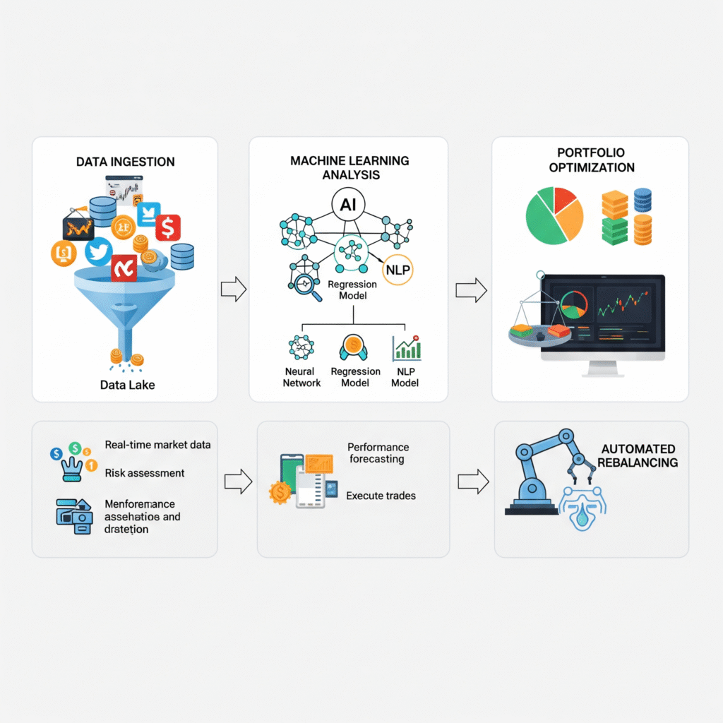 Diagram showing the AI-driven portfolio management process, including data ingestion, machine learning analysis, and automated rebalancing.