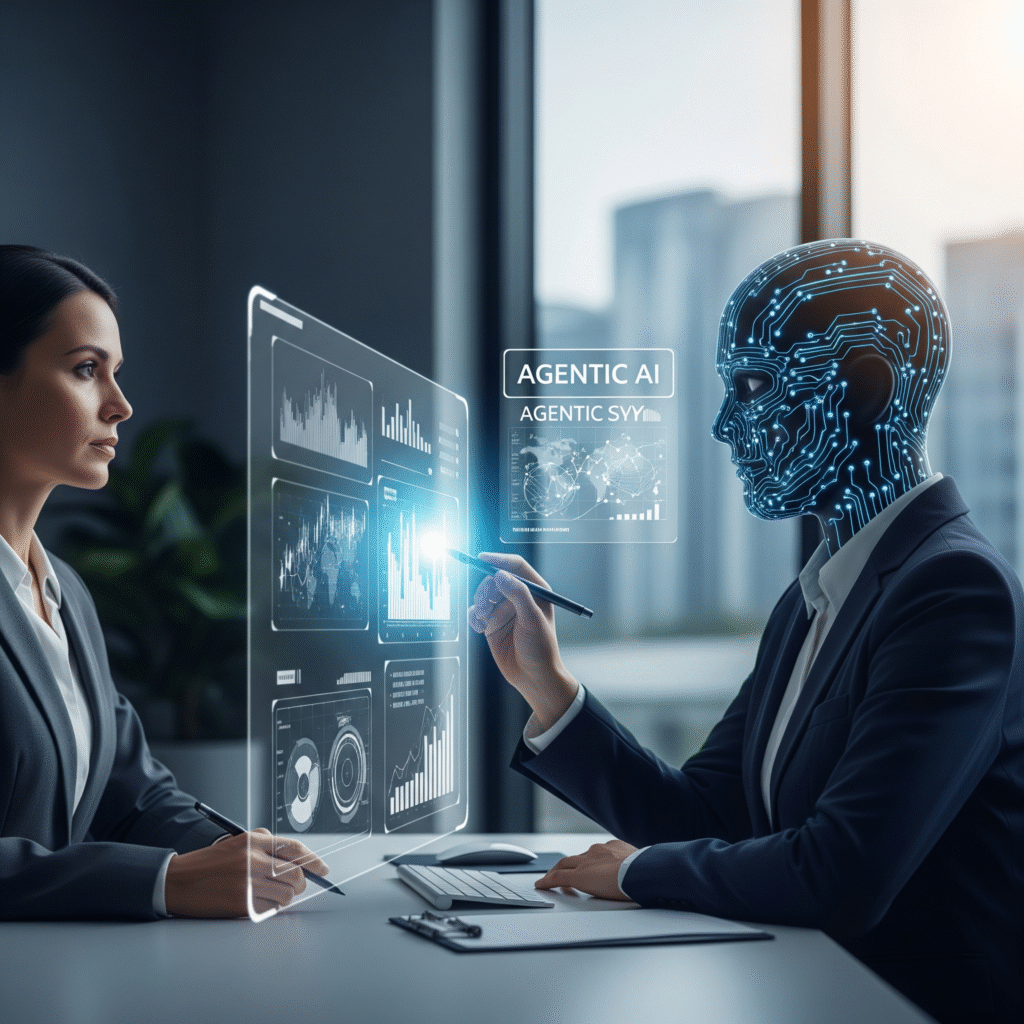 Conceptual image of a wealth manager collaborating with an Agentic AI system, showing the division of labor between human strategy and autonomous tasks.