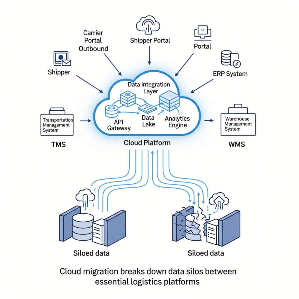 A diagram showing cloud-based integration for freight and trucking software (TMS, WMS). 