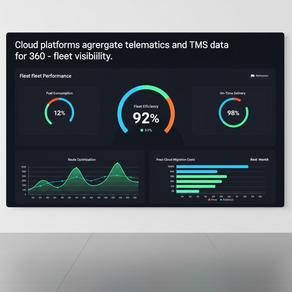 A data analytics dashboard showing real-time fleet performance metrics after cloud migration for freight. 