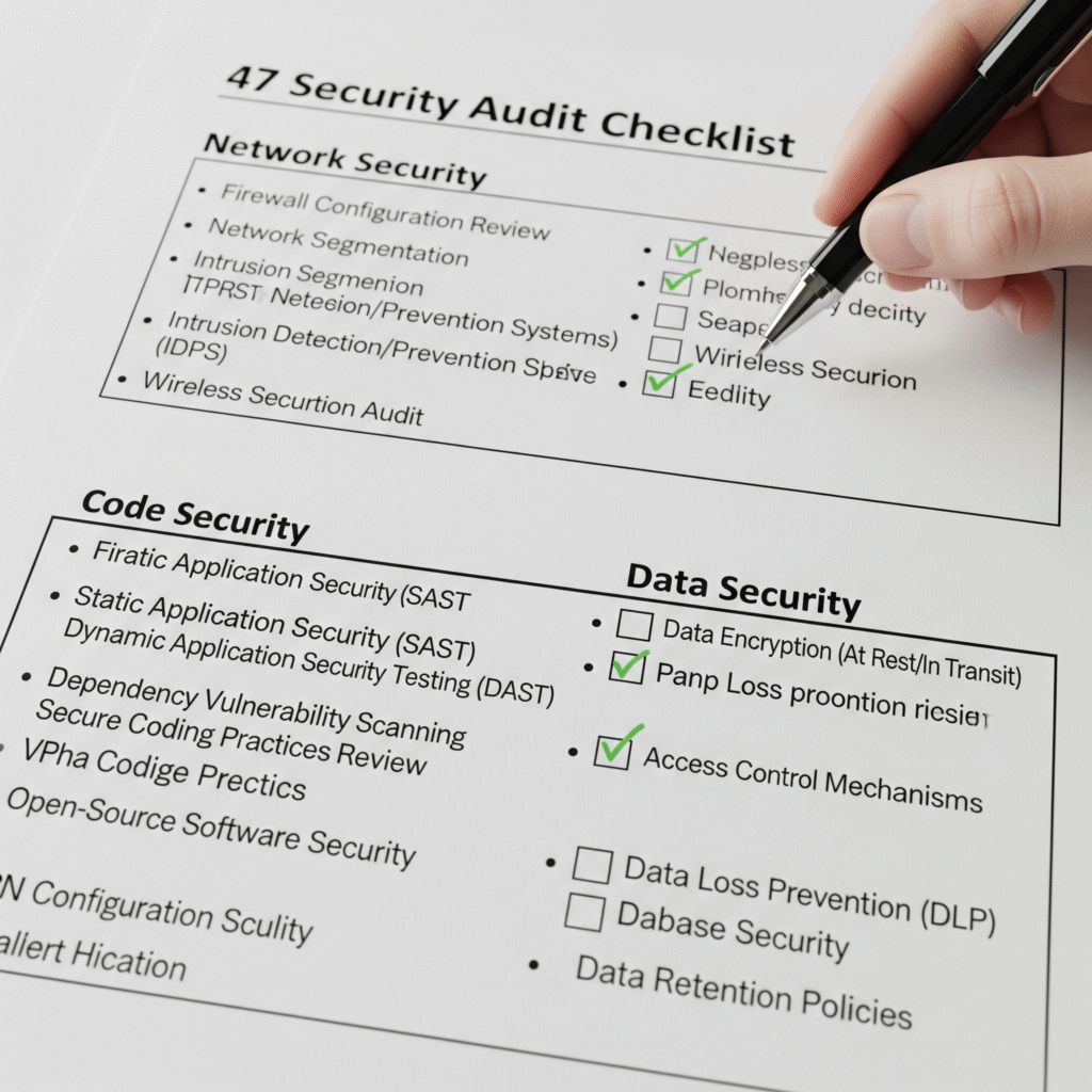 Detailed 47-point security audit checklist showing various network, code, and data items