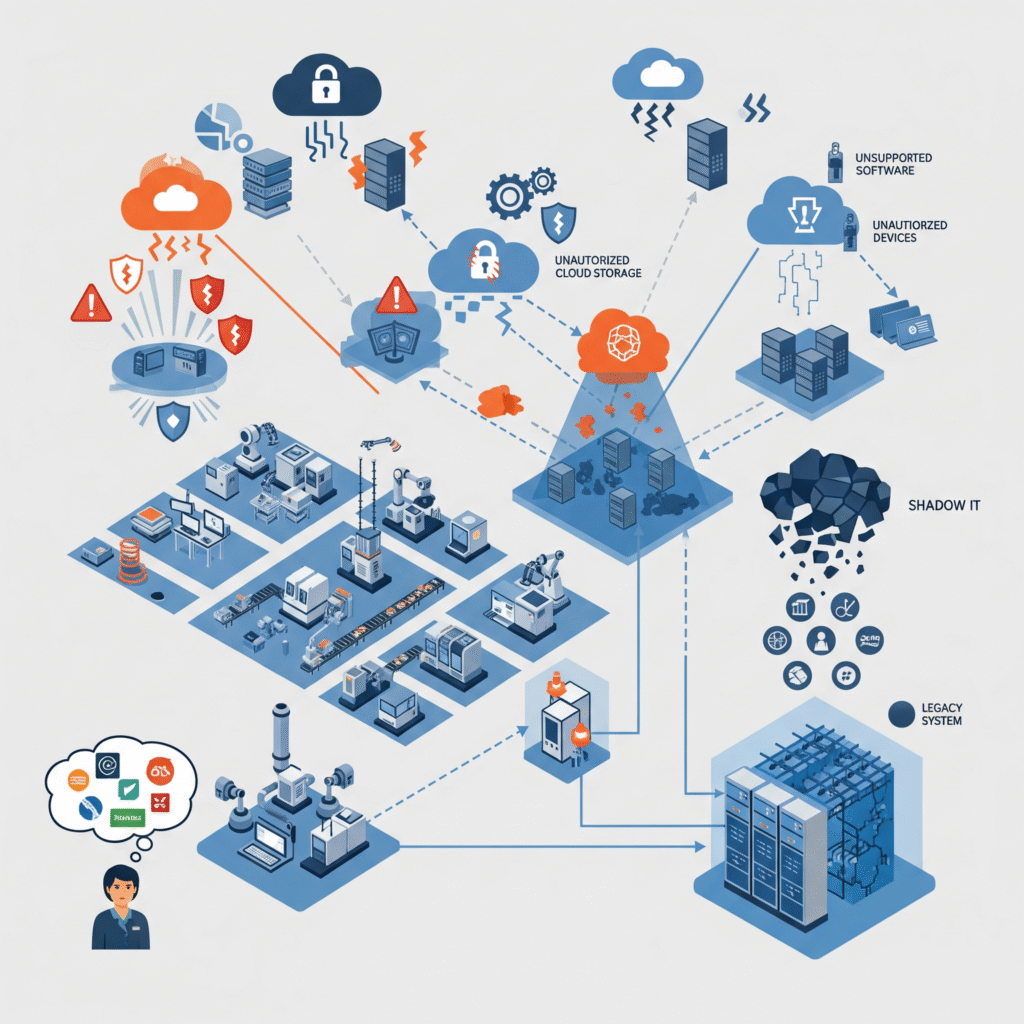 Diagram illustrating the fragmentation and security risks caused by Shadow IT in a manufacturing environment.