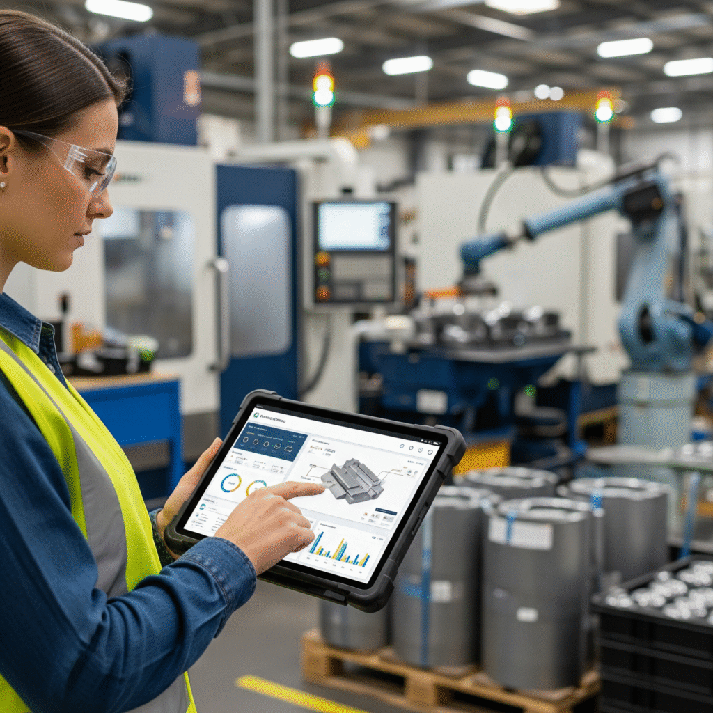 Manufacturing engineer performing quality control using a modern digital application on the factory floor.