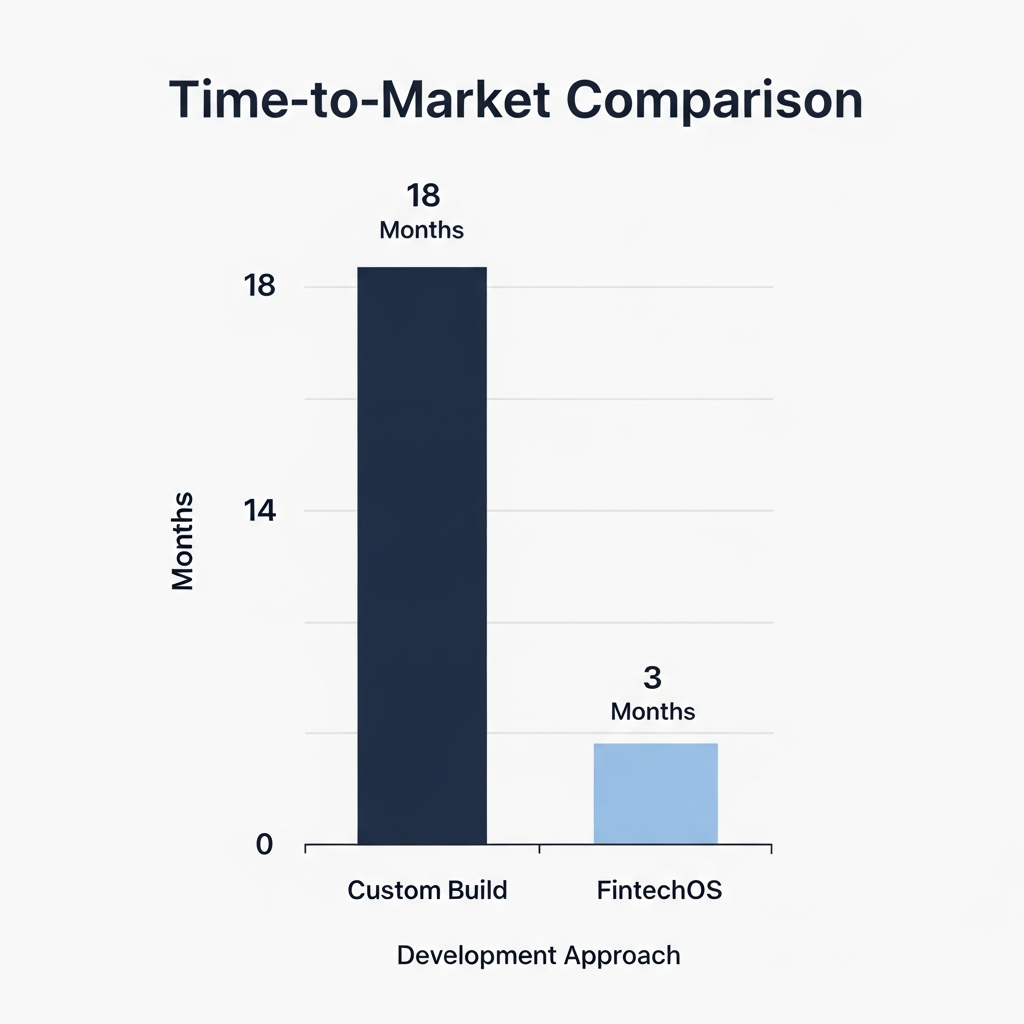 Chart comparing Time-to-Market for Custom Build (18 months) vs FintechOS (3 months)