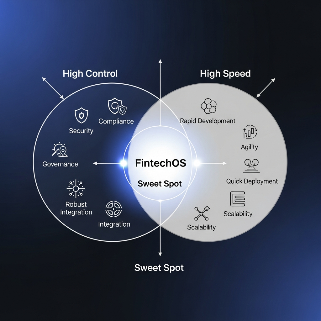 Visual diagram showing FintechOS sitting in the "Sweet Spot" between High Control and High Speed.