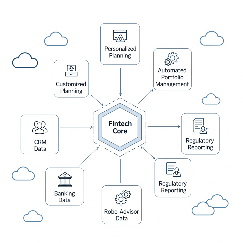 Diagram showing a modern fintech architecture integrating CRM, Banking Data, and Robo-Advisor