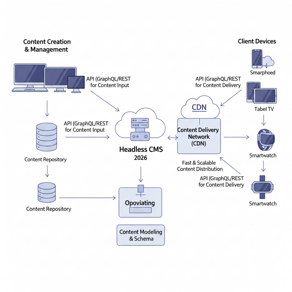 Diagram of Headless CMS architecture distributing content to multiple devices in 2026.