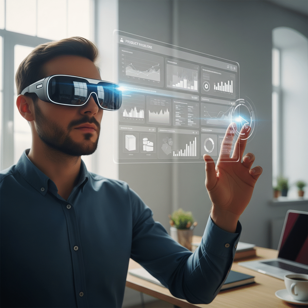 User utilizing spatial computing AR glasses to interact with a virtual product dashboard.