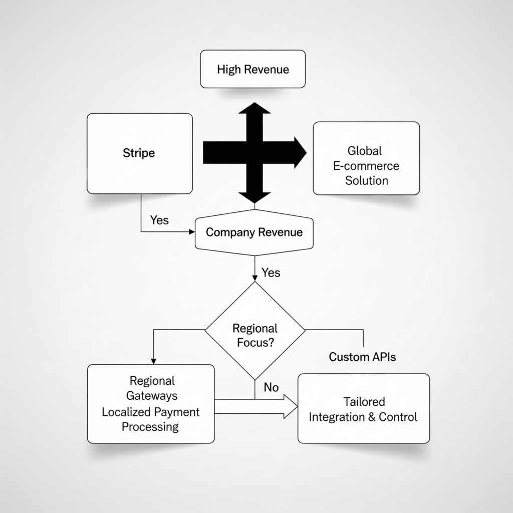 A flowchart illustrating the decision process between Stripe, Regional Gateways, and Custom APIs based on company revenue