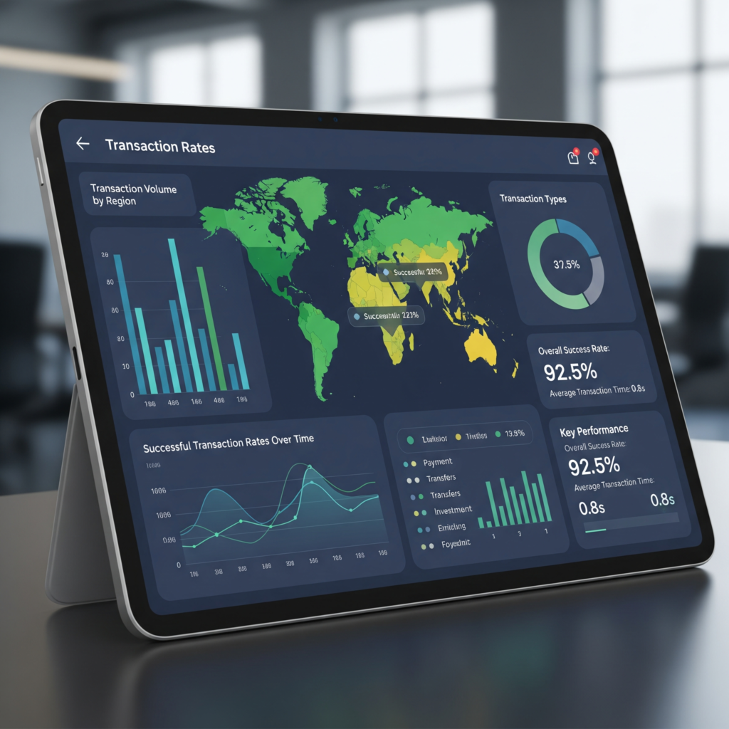Dashboard view of a fintech app showing successful transaction rates across different regions